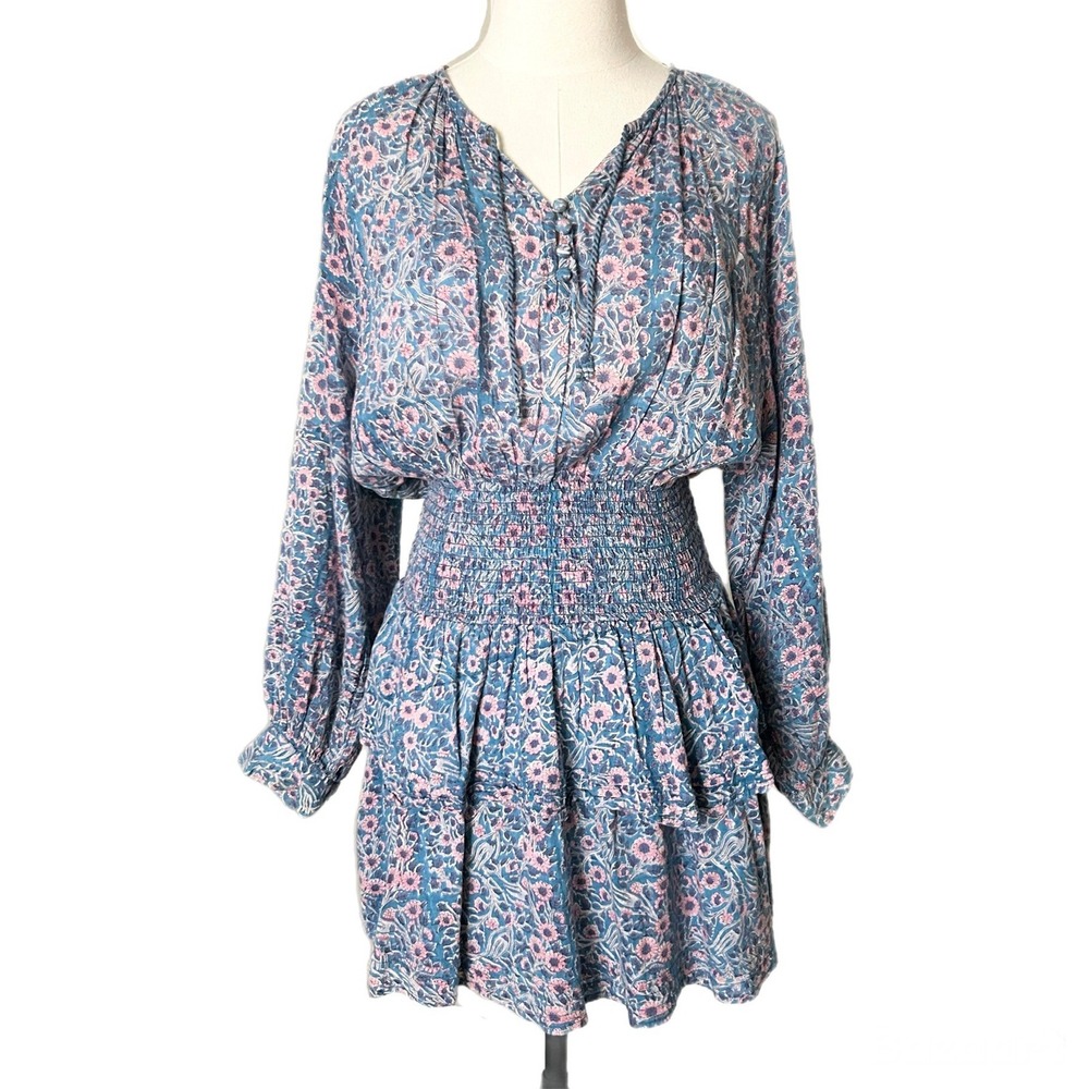 Cleobella Blue Pink Floral Cotton Smocked Mini Dress Size Medium Boho Tiered
